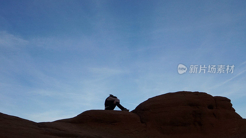 Person Sitting Head Down Silhouette, Rock Formation